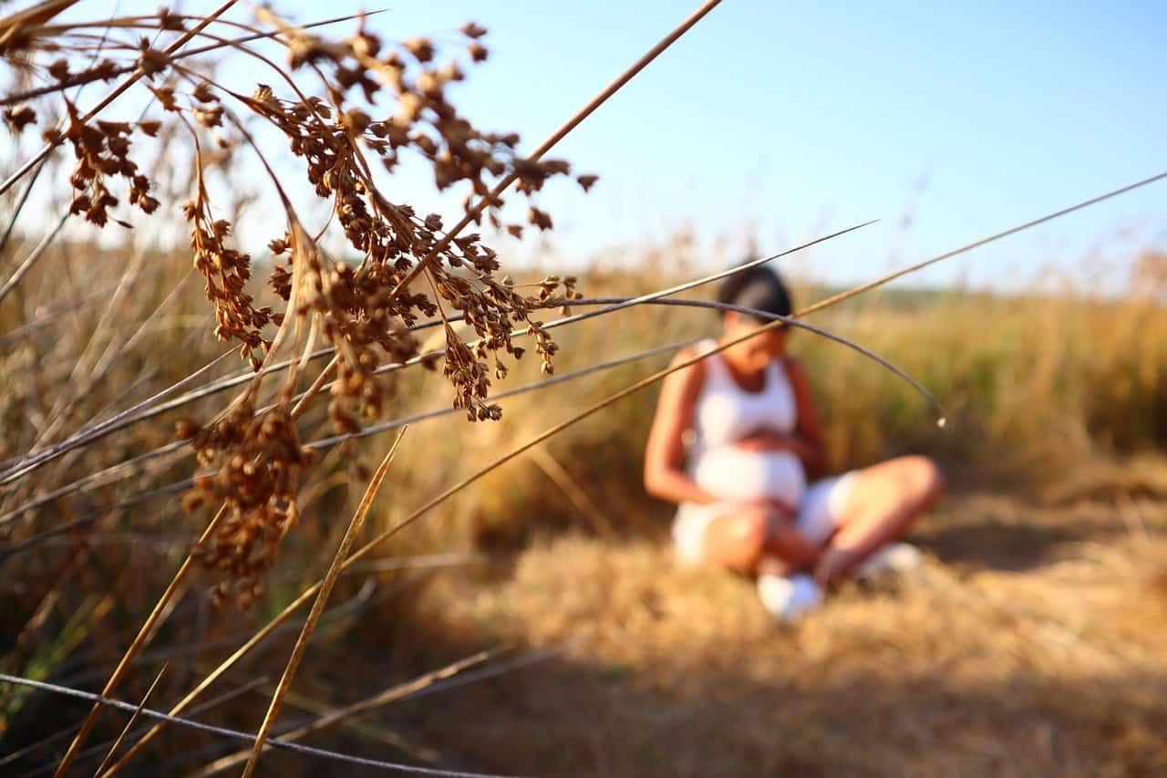 dark haired pregnant woman wearing white sports gear sitting in a corn field relaxing